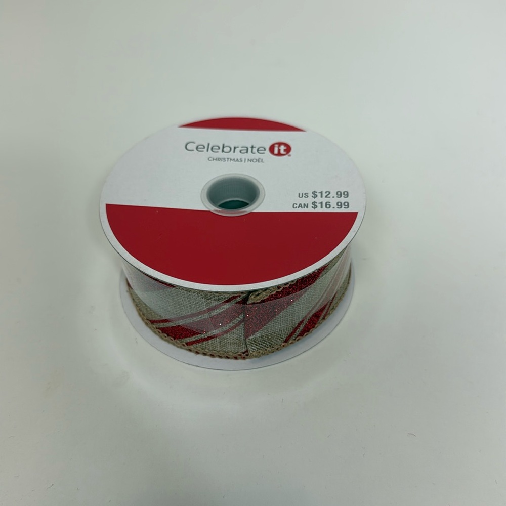 NWT Red and Tan 1 1/2” Wired Ribbon 30 Feet Long